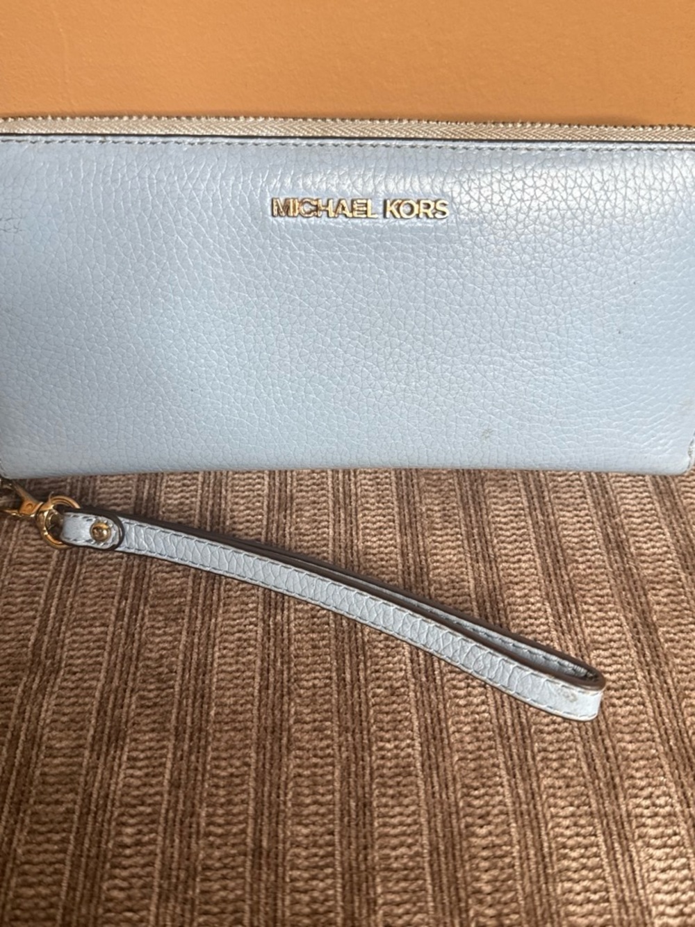Michael Kors Pale Blue Leather Wristlet with Gold Hardware